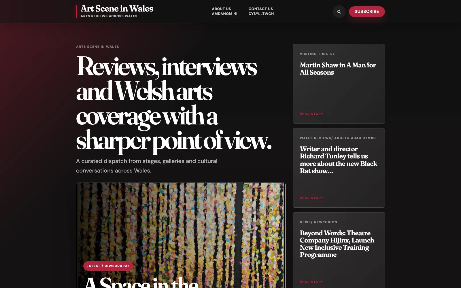 Art Scene in Wales homepage with editorial headlines and review cards