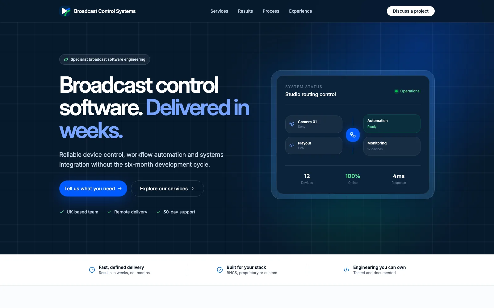 Broadcast Control Systems homepage with a studio routing control status panel
