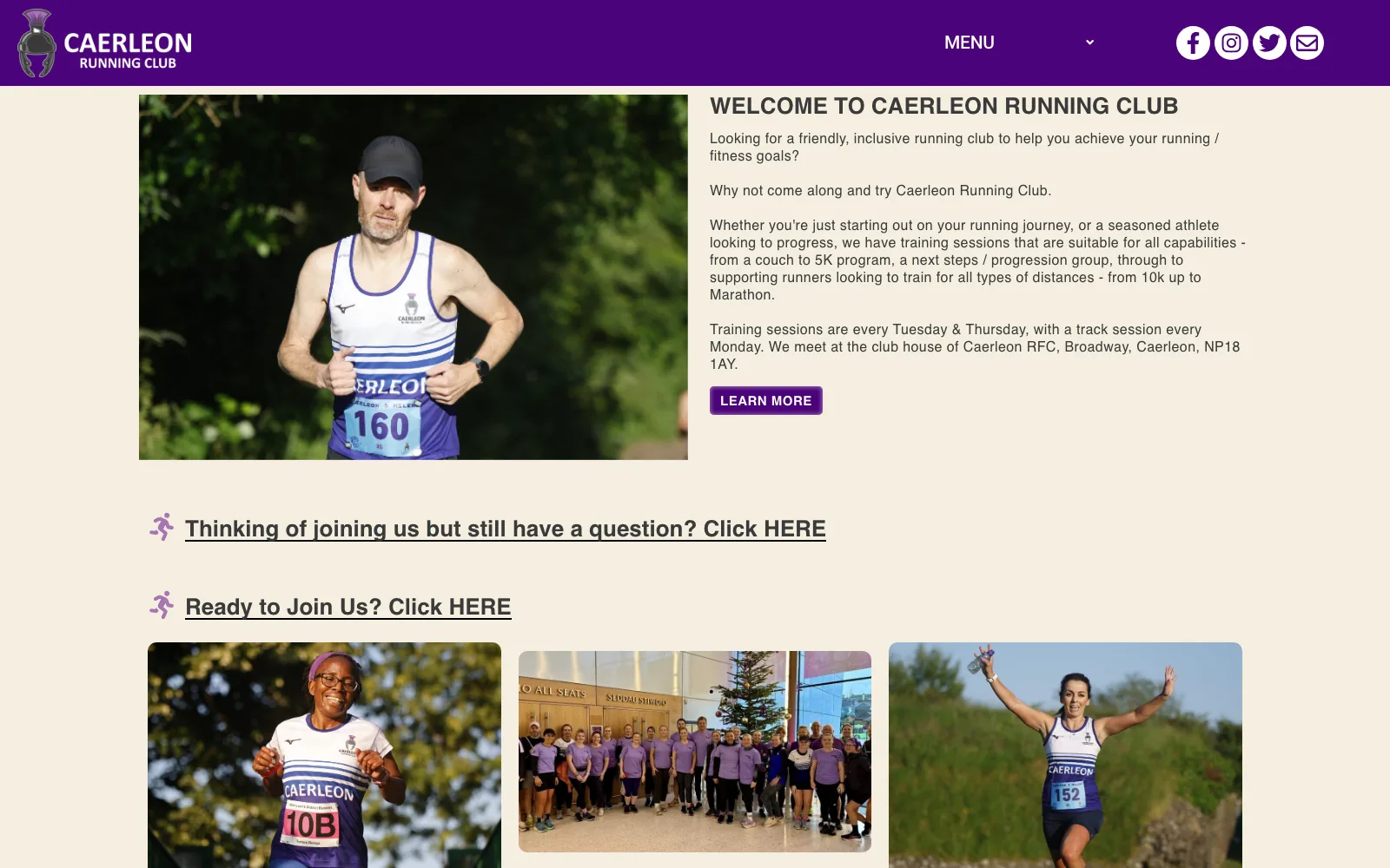 Caerleon Running Club homepage with club photography and welcome copy