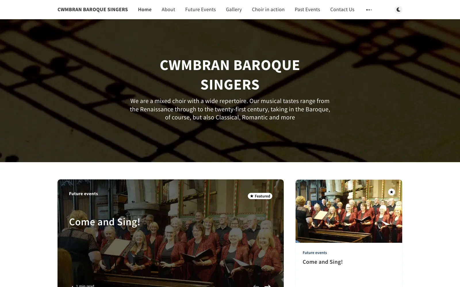 Cwmbran Baroque Singers Ghost homepage with choir photography and concert cards