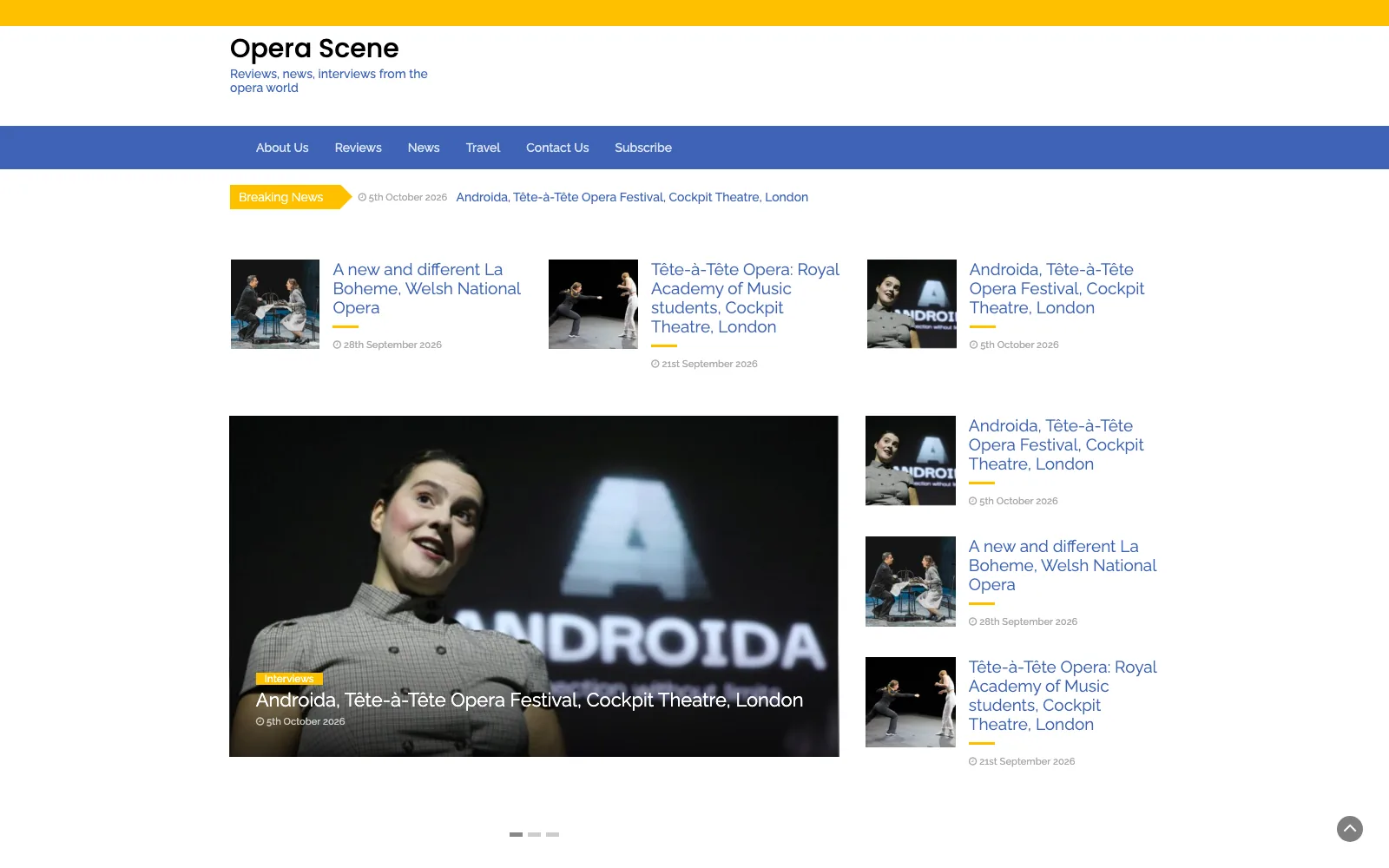 Opera Scene homepage with review listings and production photography