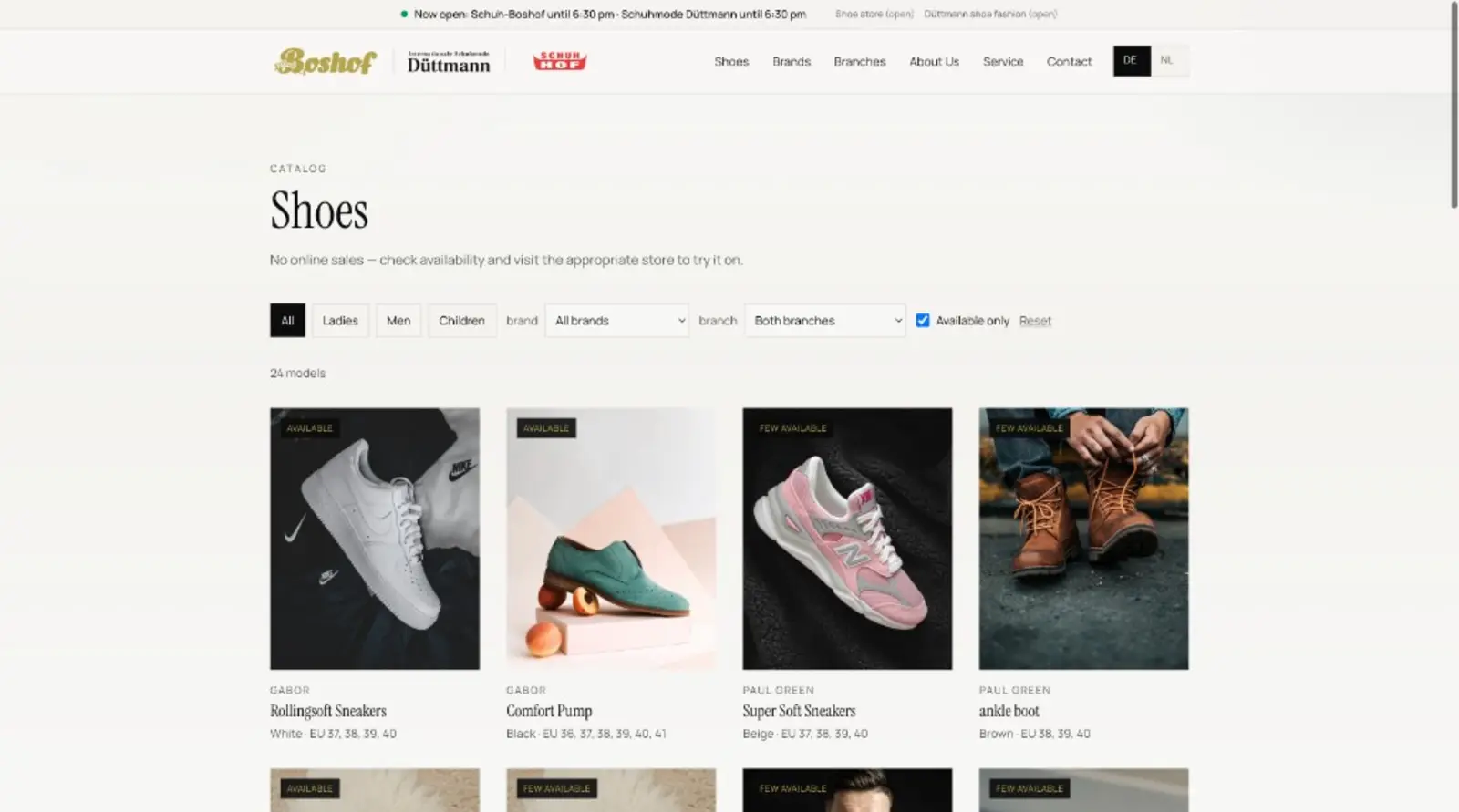 In-progress shoe catalogue using sample product photographs that do not yet match the labelled brands