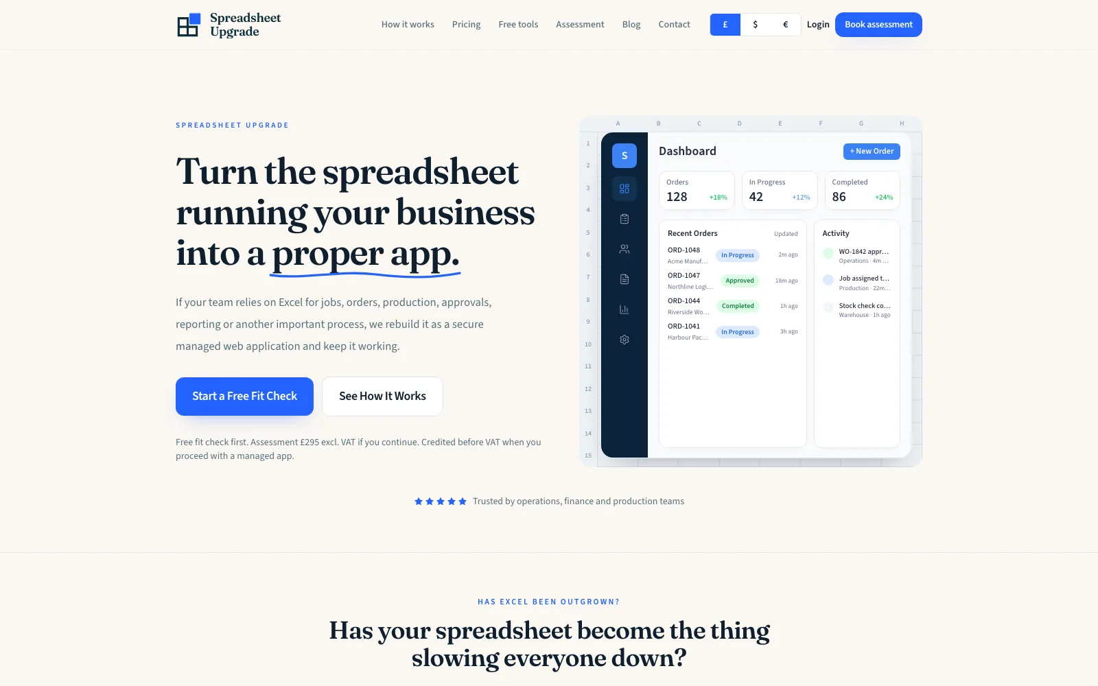 Spreadsheet Upgrade homepage explaining the managed app service