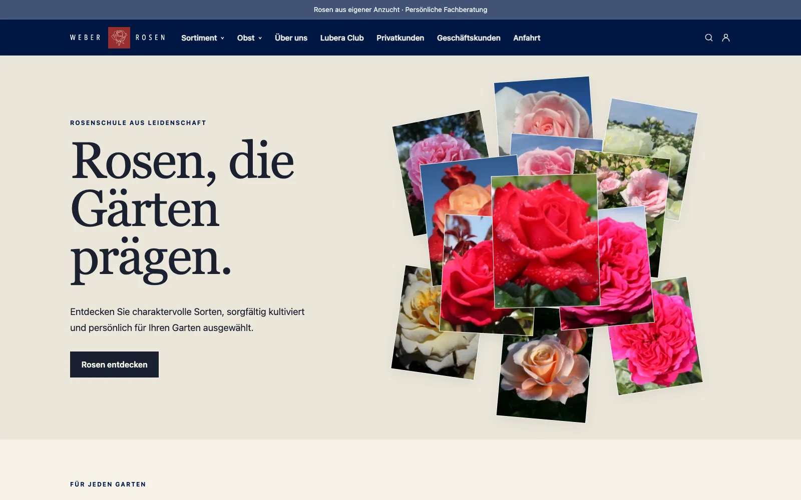 Weber Rosen homepage with rose photography and German product navigation