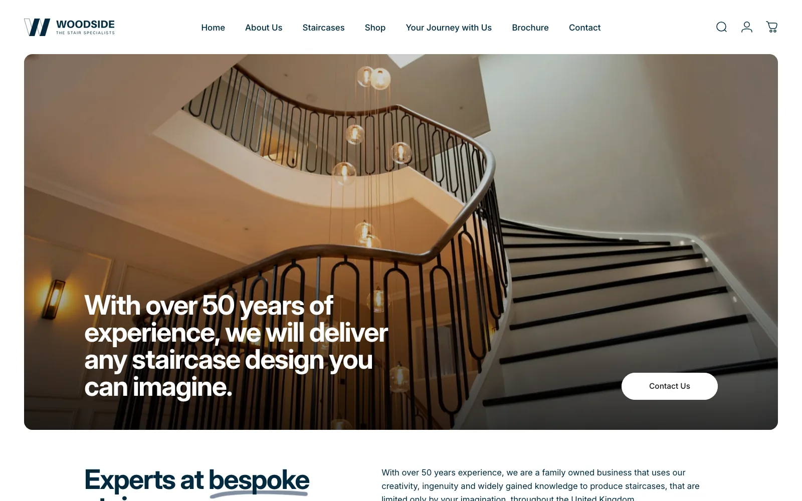 Woodside Stairs homepage, showing a curved staircase photograph and the Shopify store navigation